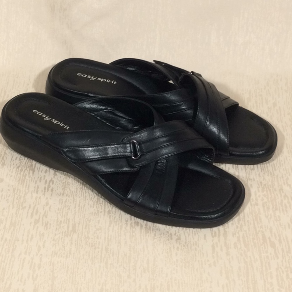 Easy Spirit Black Leather Crisscross Strap Slide Sandals - Size 9M